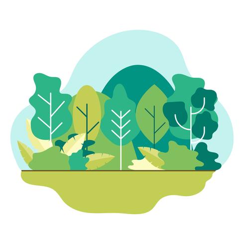 Nature landscape Summer or spring. Green meadows tree in forest, mountains. Flat style illustration of nature. vector
