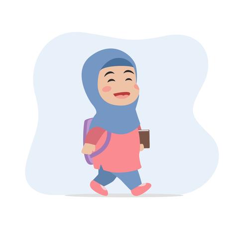 little girl walking and holding al quran vector