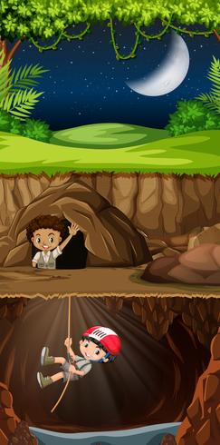 Boy scout exploring the cave vector