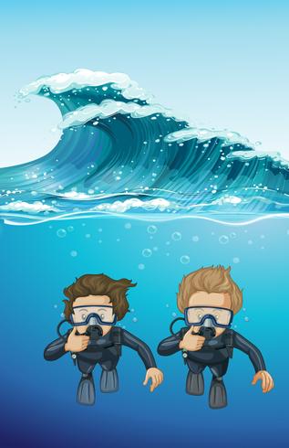 Two divers under the ocean vector