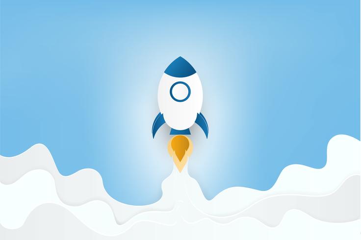 Paper art style. Rocket launch on clouds and blue sky. Business startup vector