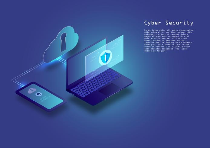Flat isometric digital cyber security concept  technology vector background