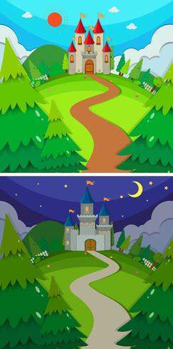 Escenas con castillos en el bosque día y noche. vector