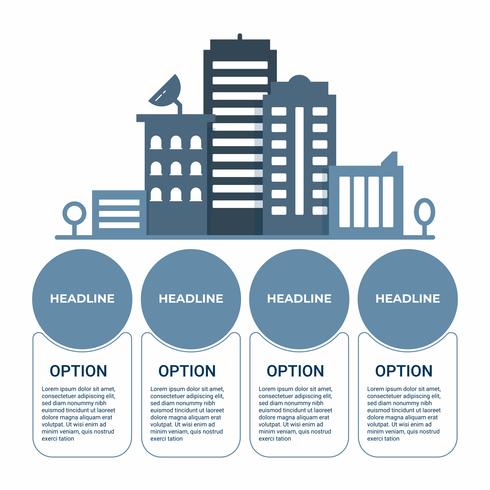 Infografía de negocios. Diagrama de infografía con torre de edificio de paisaje urbano. Plantilla para presentación. vector