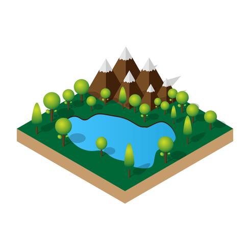 Ejemplo isométrico 3d del lago de la montaña en el bosque. Ocio al aire libre. vector