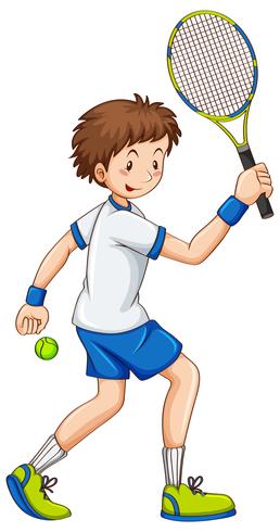 Jugador de tenis que golpea la bola con la raqueta vector