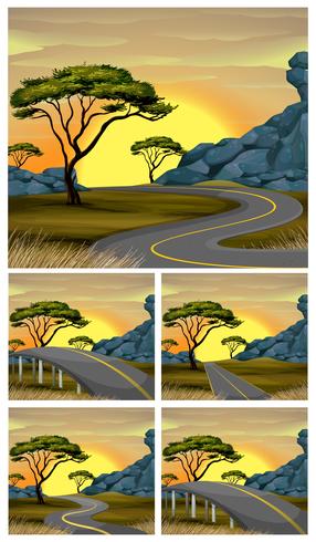 Escenas de camino al campo al atardecer vector