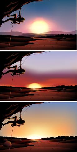 Scene with rock climber at sunset vector
