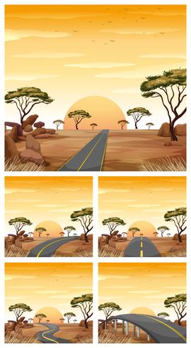 Five scenes with roads in savanna field vector