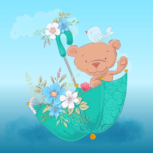 Postcard poster cute bear and a bird in an umbrella with flowers in cartoon style. Hand drawing. vector