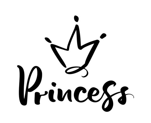 Dibujado a mano símbolo de una corona estilizada y la palabra caligráfica princesa. Ilustración del vector aislada en blanco. Diseño de logo