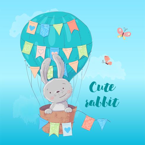 Postcard poster of a cute rabbit in a balloon with flags in cartoon style. Hand drawing. vector