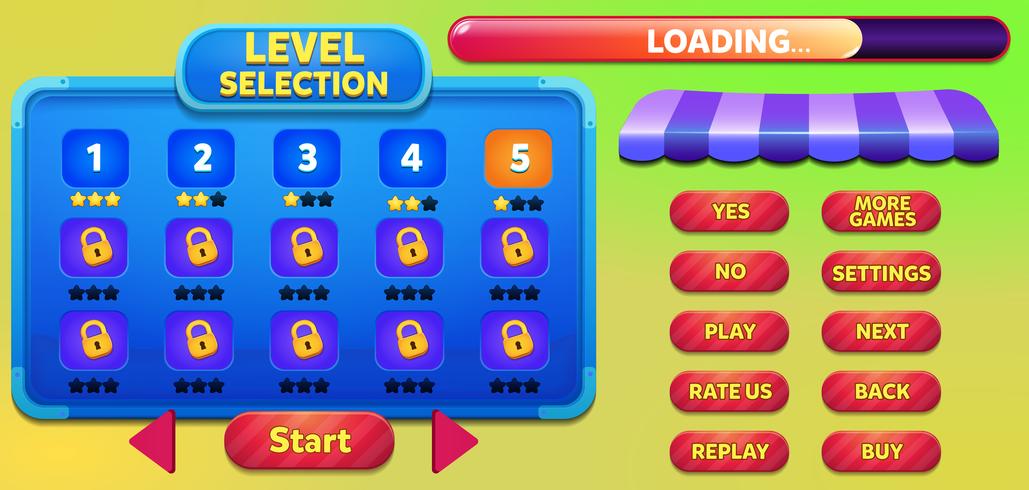 Level selection game menu scene with buttons, loading bar and stars vector