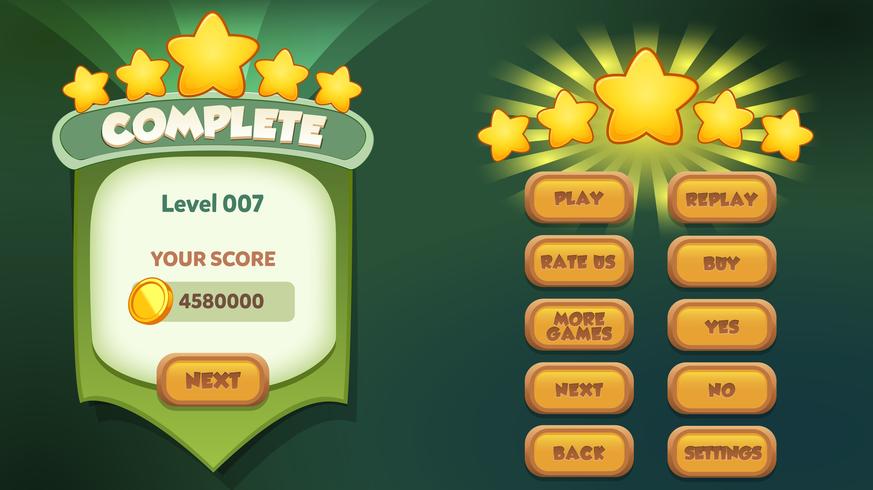 Level complete menu pop up with stars score and buttons vector