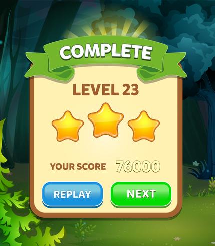 Level complete menu pop up with stars score and buttons vector