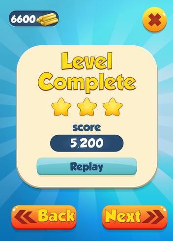 Level complete menu pop up with stars score and buttons vector