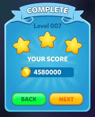 Level complete menu pop up with stars score and buttons vector