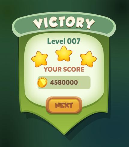 Level complete menu pop up with stars score and buttons vector