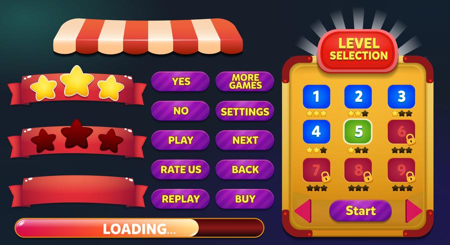 Level selection game menu scene with buttons, loading bar and stars vector