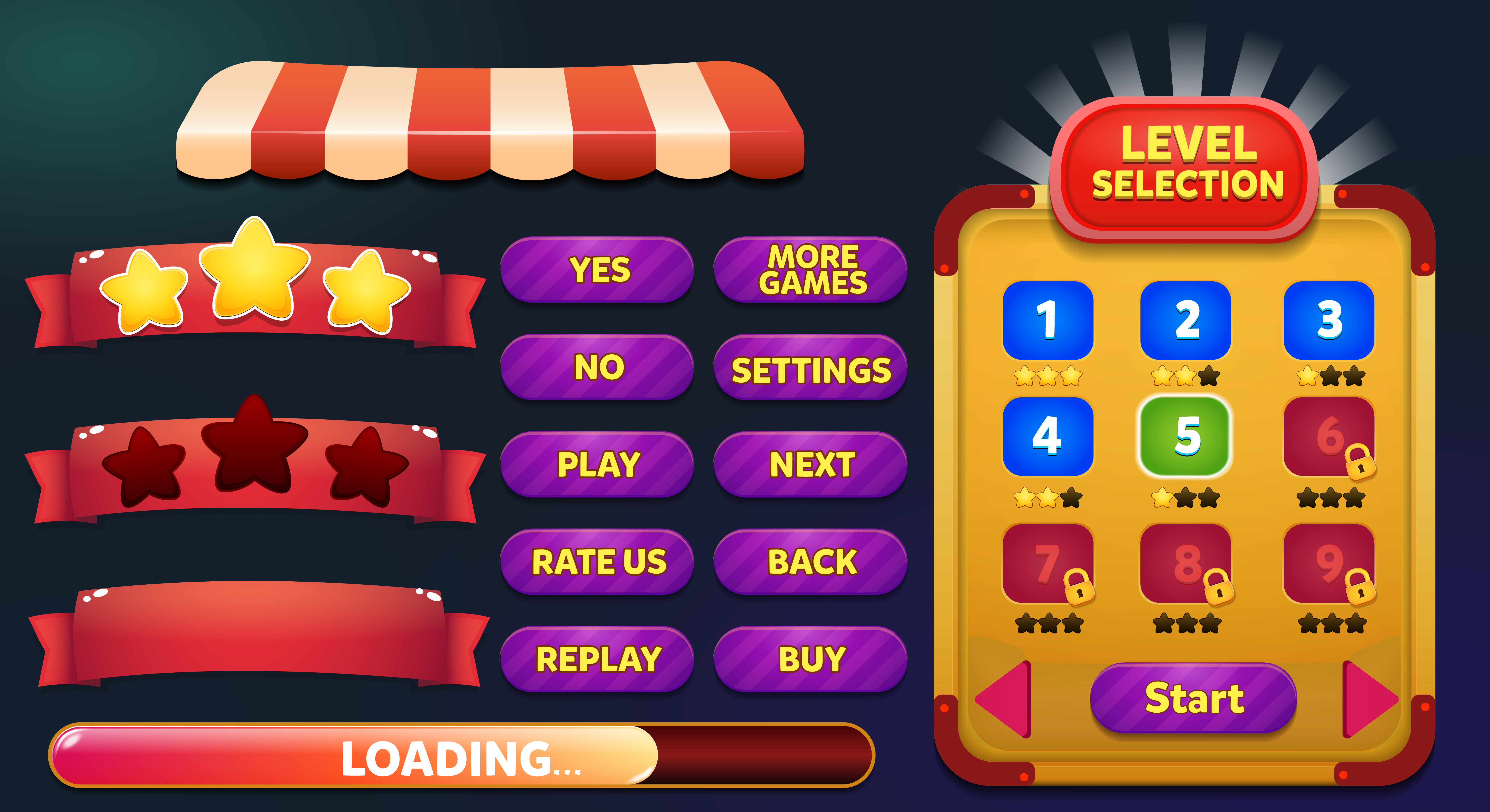 Level selection game menu scene with buttons, loading bar and stars