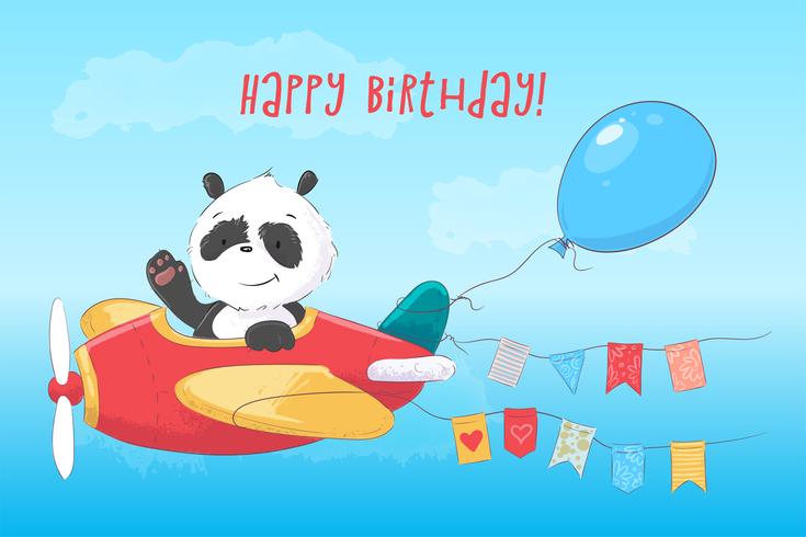 Postcard poster cute panda on the plane in cartoon style. Hand drawing. vector