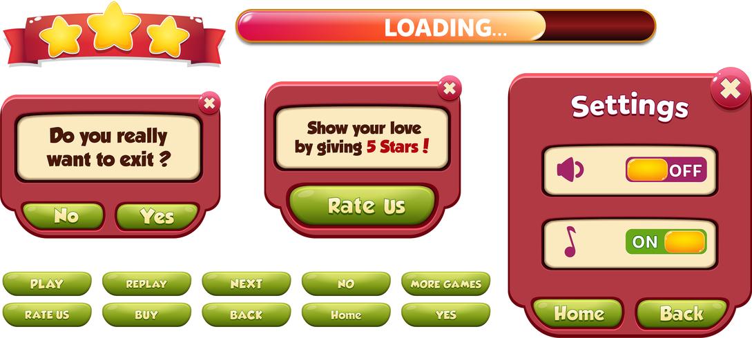 Setting rate us and exit menu scene pop up with loading bar game ui vector