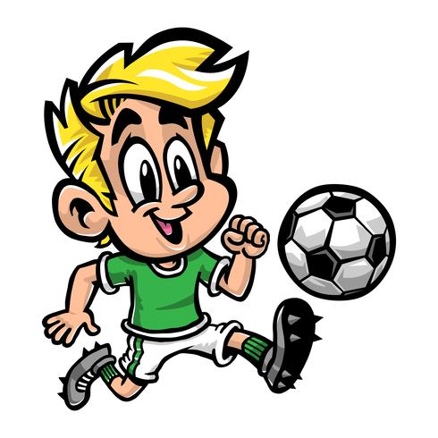 Niño de dibujos animados jugando al fútbol o al fútbol con una camiseta verde y zapatos con tacos vector