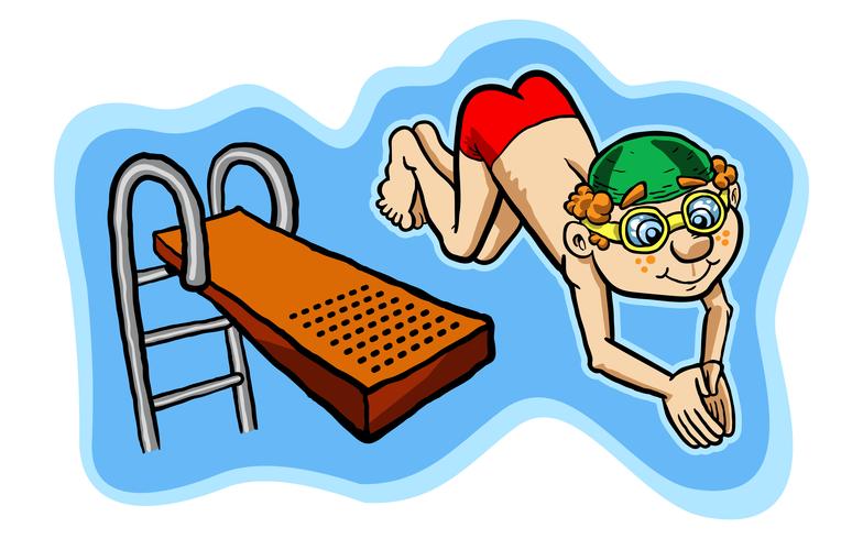 Vector illustration of a happy kid diving off a diving board.