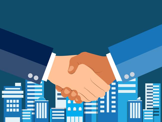 Shaking hands flat design concept. Handshake, business agreement. partnership concepts. Two hands of businessman shaking. Vector illustration on blue urban city background.