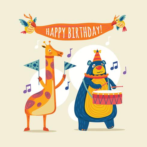 Conjunto de animales lindos para el diseño feliz cumpleaños vector