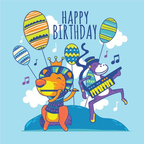 Funny Lion and Monkey with Flute and Electone Sings Song Happy Birthday to You vector