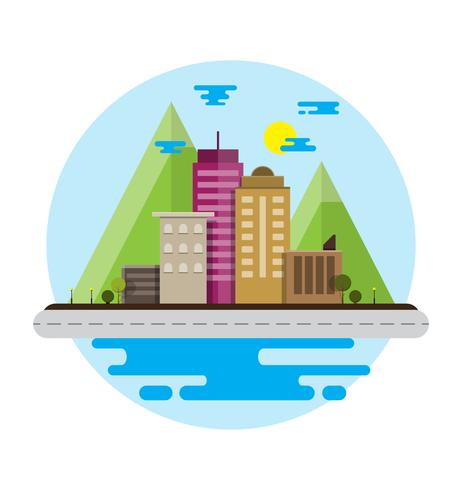 Diseño plano Paisaje urbano urbano con montaña de ambiente, energía verde. Ilustracion vectorial vector