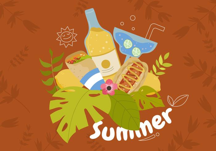 Summer Food With Tropical Background Vector Illustration