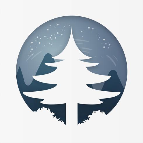 Pine on forest at winter. Merry Christmas and Happy New Year. paper art and craft style. vector