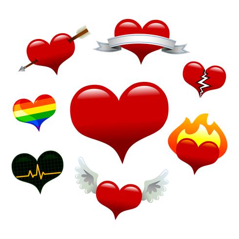 Colección de iconos de corazón: corazón básico, corazón de pancarta, corazón roto, corazón de flecha, corazón en llamas, corazón EKG, corazón alado, corazón de orgullo gay vector