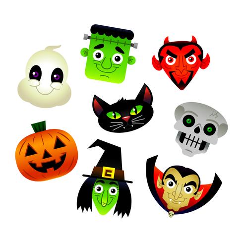 Collection of vector cartoons of various Halloween characters Frankenstein, Devil, Black Cat, Skeleton, Jack O'Lantern, Witch, Ghost, Dracula.