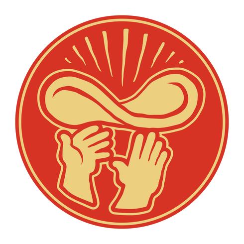 Manos del chef lanzando masa de pizza en el aire, pizzería vector logo