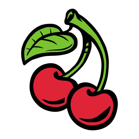 Cartoon Cherry Fruit on Green Stem with Leaf