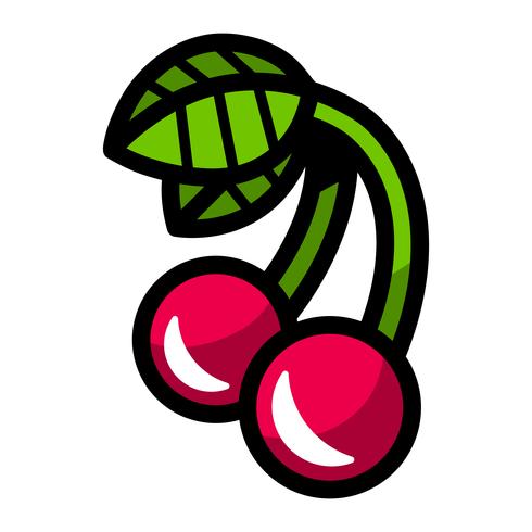 Cartoon Cherry Fruit on Green Stem with Leaf