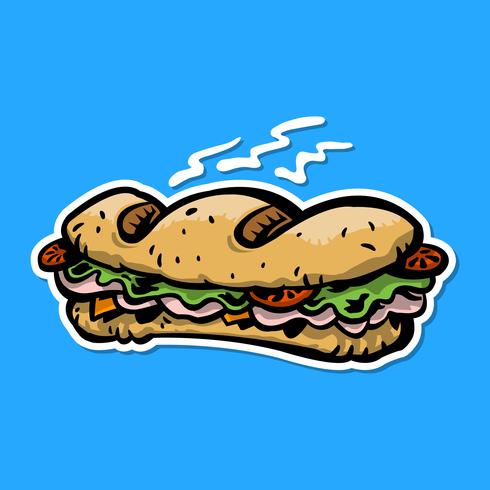 Bocadillo submarino de dibujos animados Almuerzo con pan, carne, lechuga y tomate vector