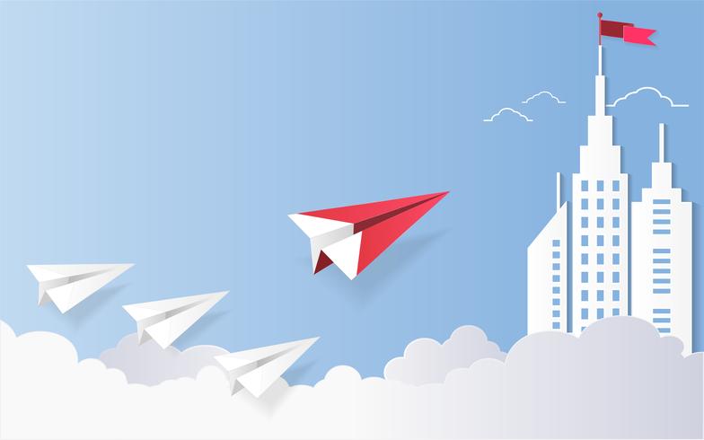 Leadership concept, Red plane and white architectural building landscape with a flag on the top, Blue sky background. vector