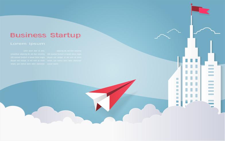 Leadership concept, Red plane and white architectural building landscape with a flag on the top, Blue sky background. vector
