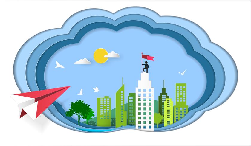 Success concept, Red plane flying on sky to architectural building with businessman on top holding flag. vector