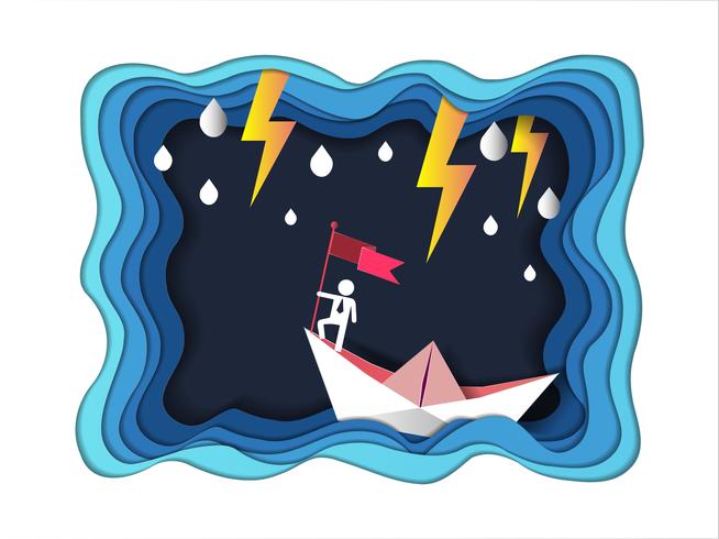 Concepto de éxito, hombre en la parte superior que sostiene la bandera con el barco contra el mar loco y rayo en tormenta. vector