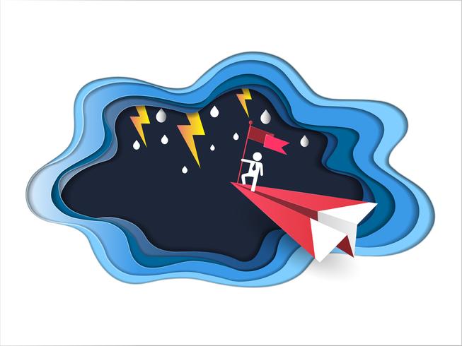 Concepto de liderazgo y éxito, el hombre en la parte superior de la bandera con el avión rojo volando contra el mal tiempo y el rayo en la tormenta. vector