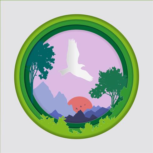 Paper art carve of bird on sky in forest background, Origami concept nature and animals idea. vector