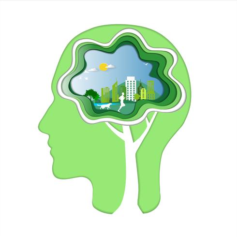 Green energy and save environment concept, Human head with brain, Man and dog are running in city parks, Creating a new idea background. vector