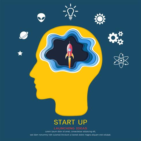 Education and learning concept, Brain thinking a launch space rocket flying, Above his head is a graduation cap and knowledge icons. vector