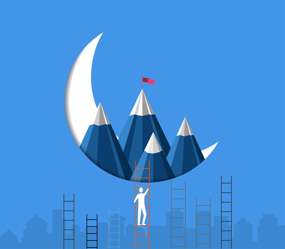 Leadership success concept, Businessman climbing stairs are racing to achieve the mountain with a flag on the top. vector
