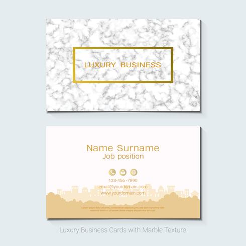 Luxury business cards vector template, Banner and cover with marble texture and golden foil details on white background.